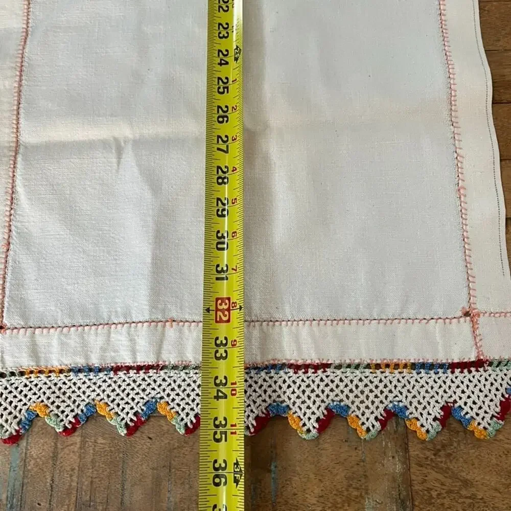 Vintage Handmade Cream Linen Table Runner Colorful Crochet Lace Edge